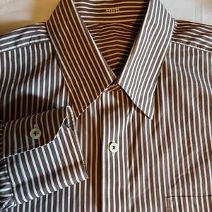 J Hilburn Men's Designer Custom Noniron Dress Shirt 17 34-35 Brown & WhiteStripe